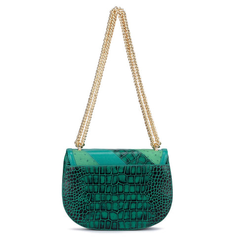 Medium Croco Ostrich Leather Shoulder Bag - Sea Weed